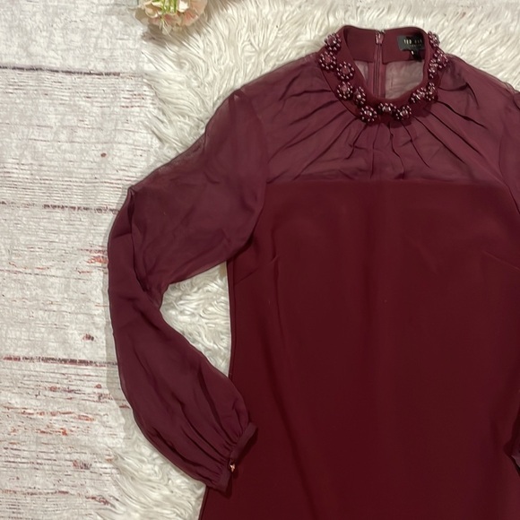 Ted Baker Cacey Embellished Neck Sheer Long Sleeve Maroon Sheath Dress - Picture 5 of 11
